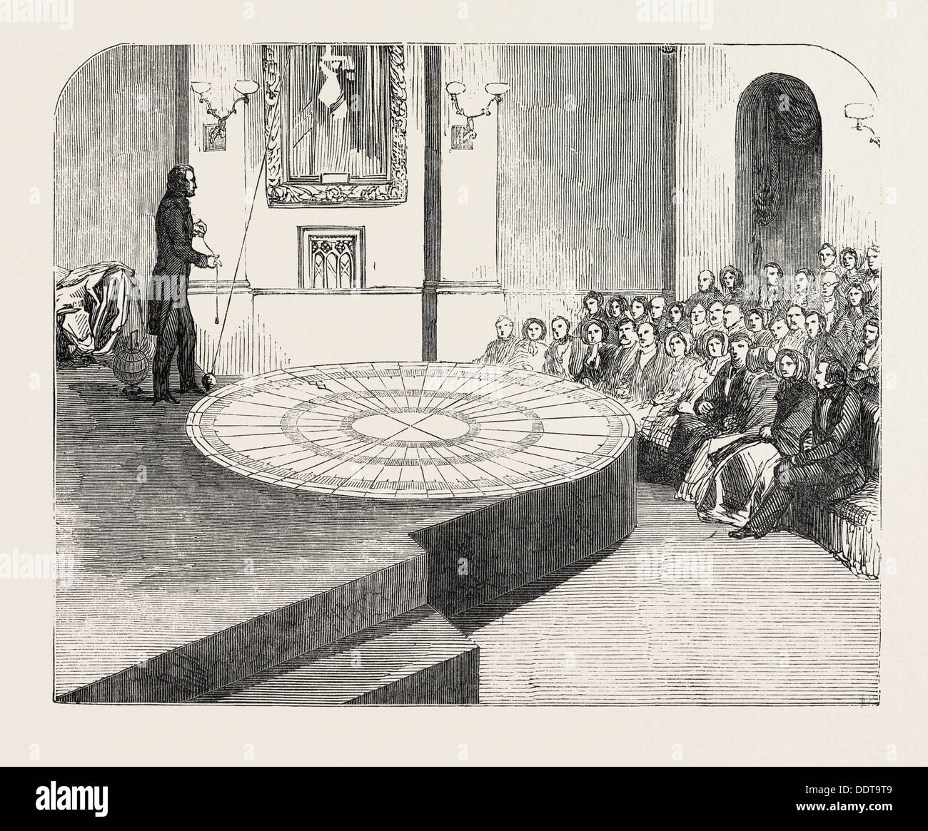 La rotación de la tierra hizo visible, en la Politécnica de institución, REGENT SREET, Londres, Reino Unido, 1851 grabado Foto de stock