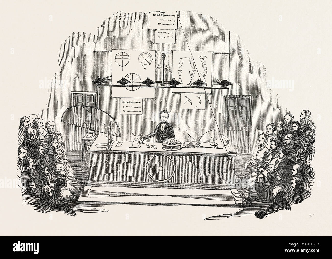 ROYAL INSTITUTION, CONFERENCIA SOBRE LA ROTACIÓN DE LA TIERRA, por el REV. BADEN Powell, M.A., &c., Londres, Reino Unido, 1851 grabado Foto de stock