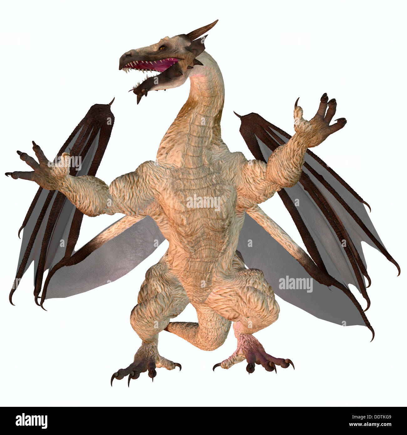Una criatura de la mitología y fantasía el dragón es un feroz monstruo volador con cuernos y dientes grandes. Foto de stock