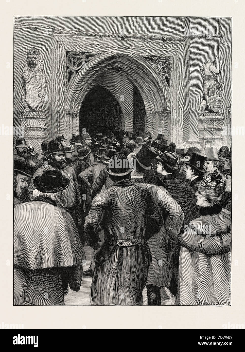 El gran debate AUTONÓMICO: ESCENA EN LA PUERTA DE LA CASA DE LOS Comunes del Reino Unido, 1893, 1893 grabado Foto de stock