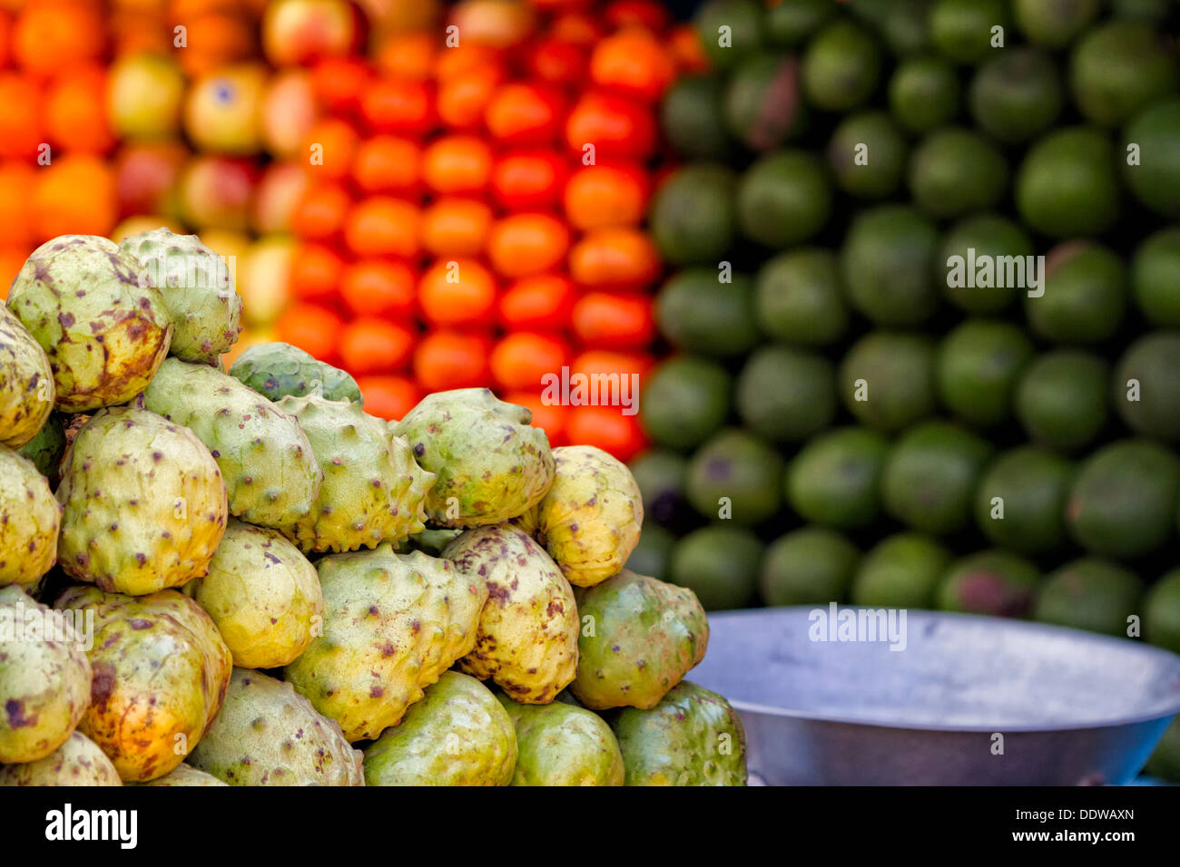 Fruta de la selva chirimoya con mandarinas y los aguacates en el fondo en  el puesto de frutas, cordilleras, Perú Fotografía de stock - Alamy