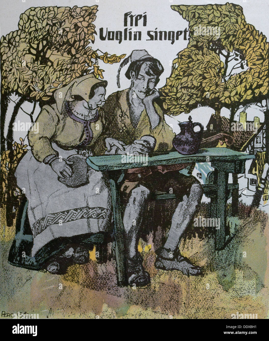Frei voglin singet por Fernando Gotz, 1874-1936, Alemán. En el jardín, beber, hombre, mujer, al aire libre, traje folclórico, hablando Foto de stock