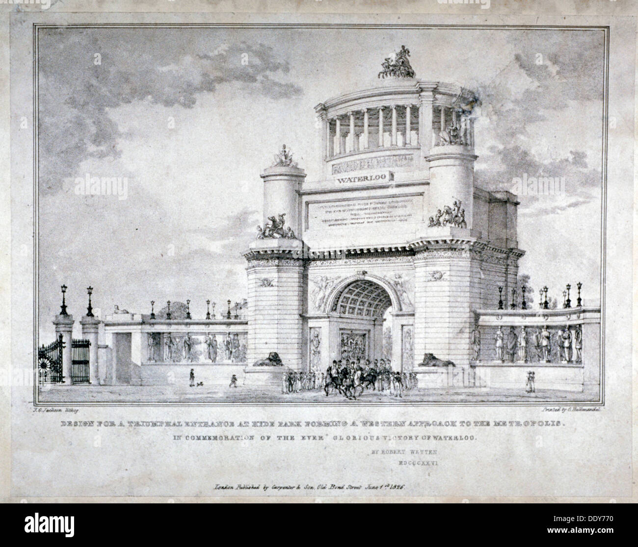 Diseño de un arco triunfal en Hyde Park en conmemoración de la victoria en Waterloo en 1815, 1826 Artista: Charles Joseph Hullmandel Foto de stock