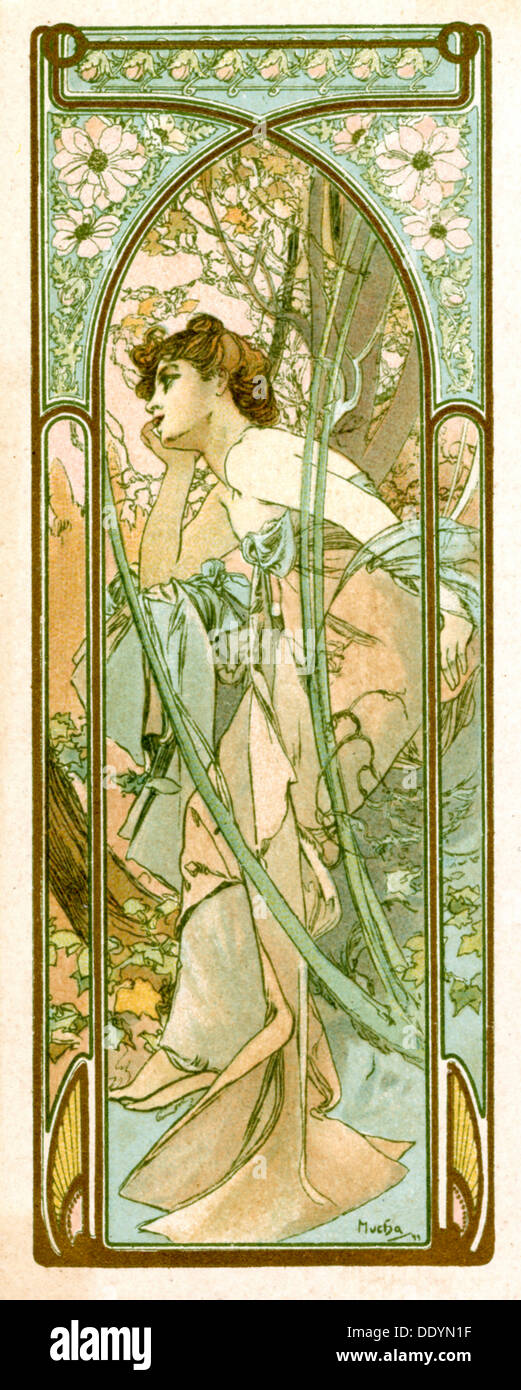 "Reverie de noche", de 1899. Artista: Alphonse Mucha Foto de stock