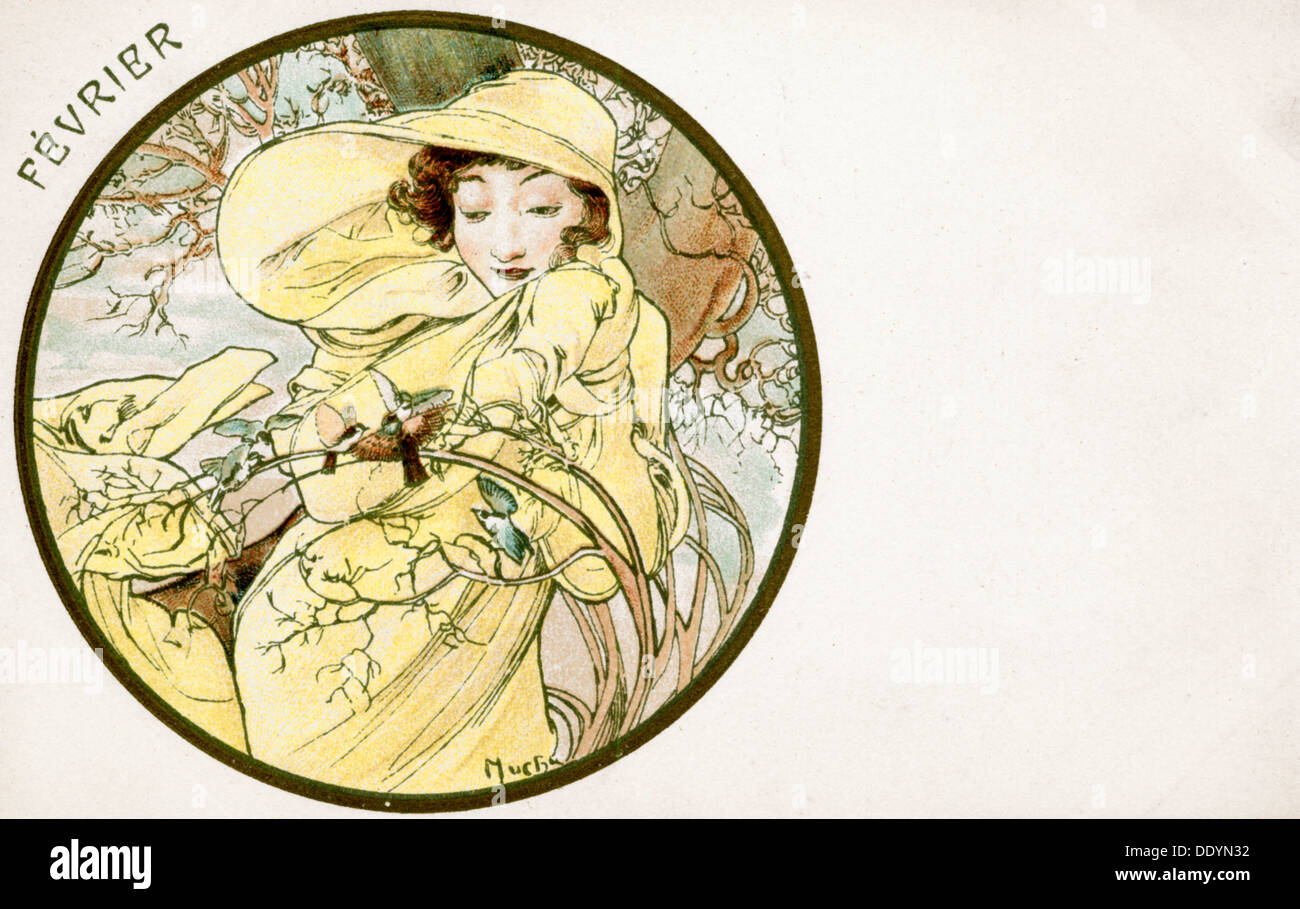 'Febrero', de 1900. Artista: Alphonse Mucha Foto de stock