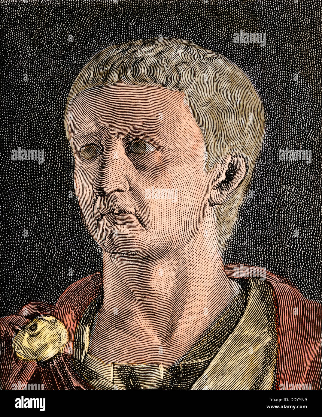 El emperador romano Tiberio. Xilografía coloreada a mano Foto de stock