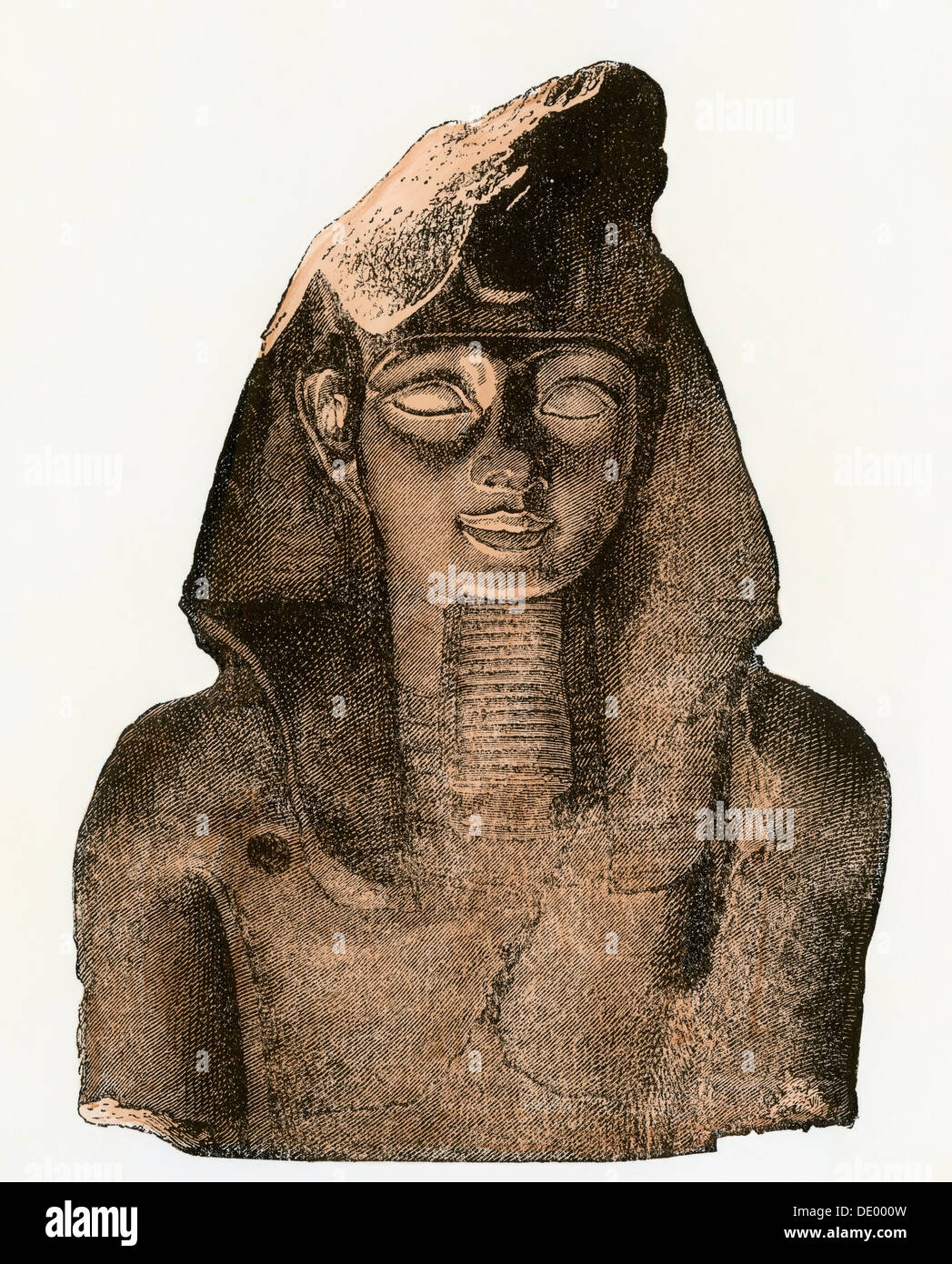 Busto del faraón Ramsés II, siglo XIII antes de Cristo. Xilografía coloreada a mano Foto de stock