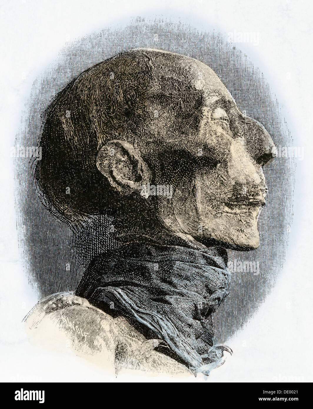 Perfil de Ramses II momia, excavado a finales de los 1800s. Xilografía coloreada a mano Foto de stock