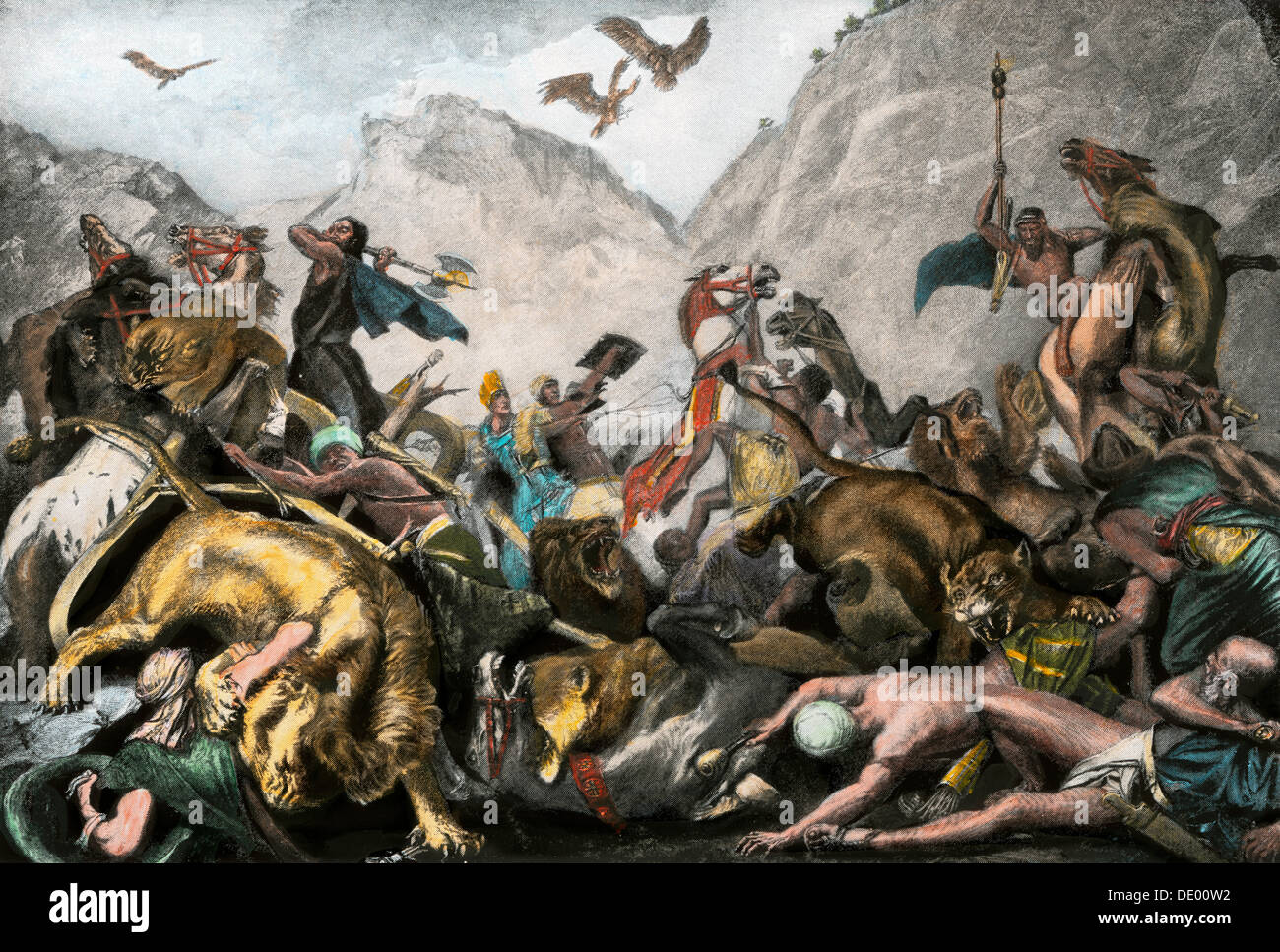 Rameses II y su batalla leones luchando contra los hititas en Kadesh, 1200s BC. Reproducción de semitonos pintado a mano de ilustración. Foto de stock