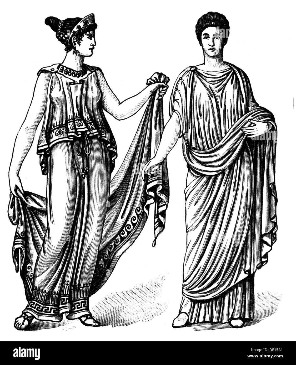 Moda, mundo antiguo, ropa femenina griega, circa 450 BC, ropa femenina  romana, circa siglo 1 AD, grabado de madera, siglo 19, siglo 19, gráfico,  gráficos, Grecia, Imperio Romano, Roma, ropa, traje, trajes,