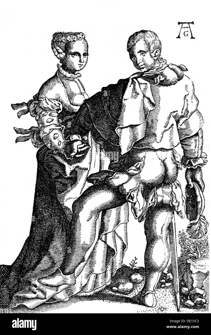 Moda, siglo XVI, llamados 'españoles jerseys', grabado en cobre por Heinrich Aldegrever (1502 - 1555 / 1561), del siglo XVI, el Copyright del artista no ha de ser borrado Foto de stock