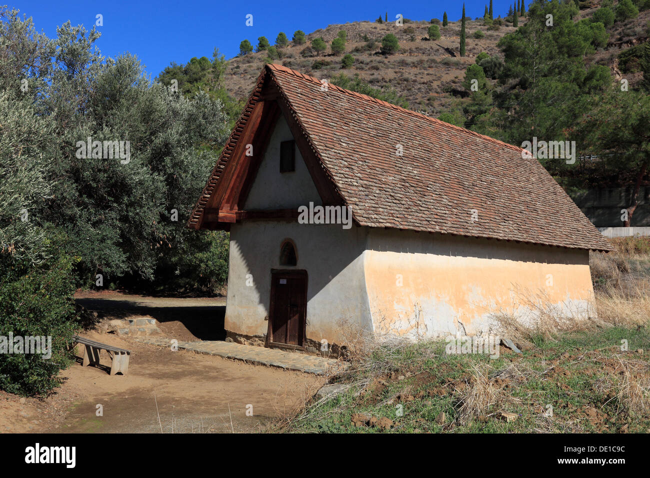 Chipre, techo de granero iglesias en las montañas de Troodos en Chipre, chipriota iglesias ortodoxas, lugar de Galata, iglesia de Panagia Podyth Foto de stock