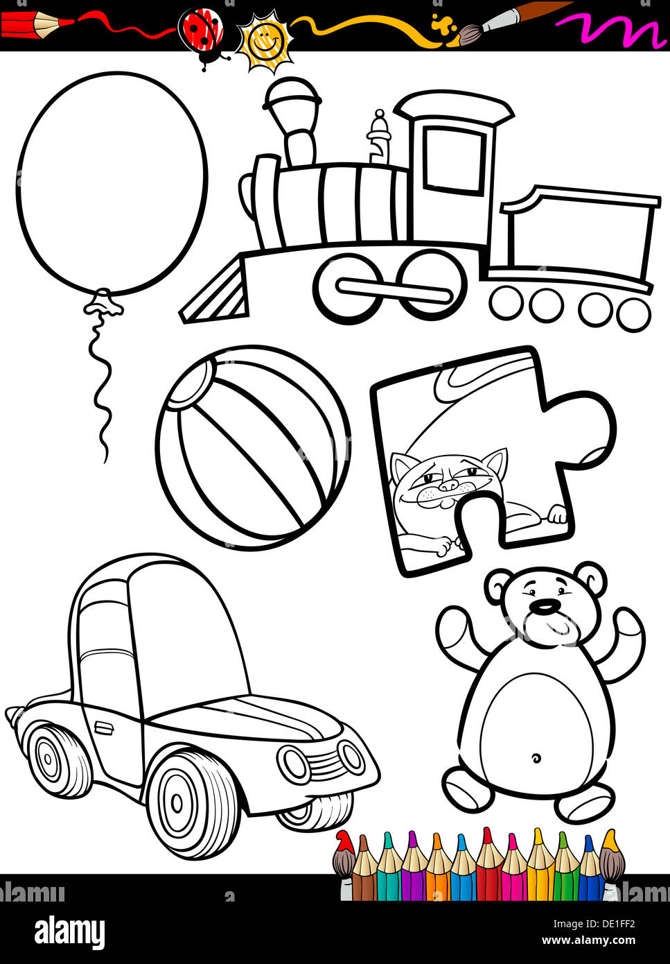 Libro para colorear de página o ilustración de caricatura en blanco y negro  Juguetes Objetos establecidos para la educación de los niños Fotografía de  stock - Alamy