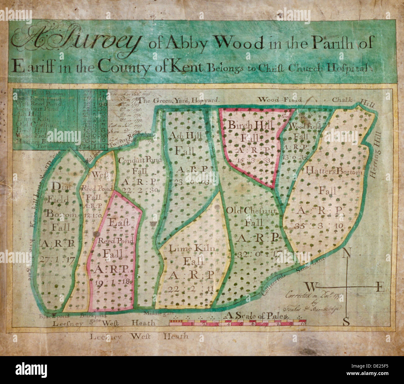 Mapa de Abbey Wood, parte de Erith o Lesnes Manor en la frontera oriental de Woolwich, Kent, 1791. Artista: Anon Foto de stock