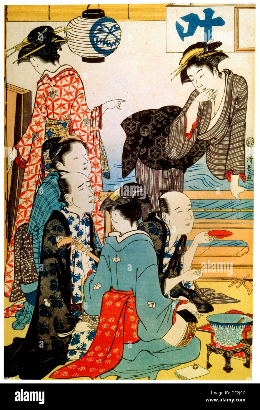 "Las mujeres de los barrios Gay', (díptico, parte izquierda), de finales del S. XVIII o principios del siglo XIX. Artista: Torii Kiyonaga Foto de stock
