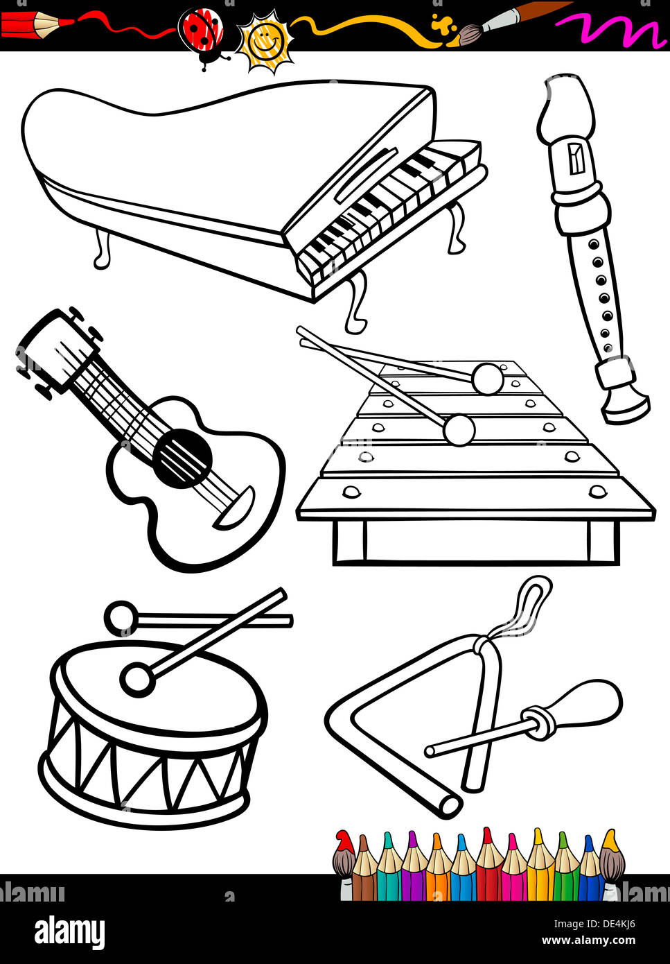 Libro para colorear de página o ilustración de dibujos animados de  Instrumentos Musicales en blanco y negro los objetos configurados para la  educación de los niños Fotografía de stock - Alamy