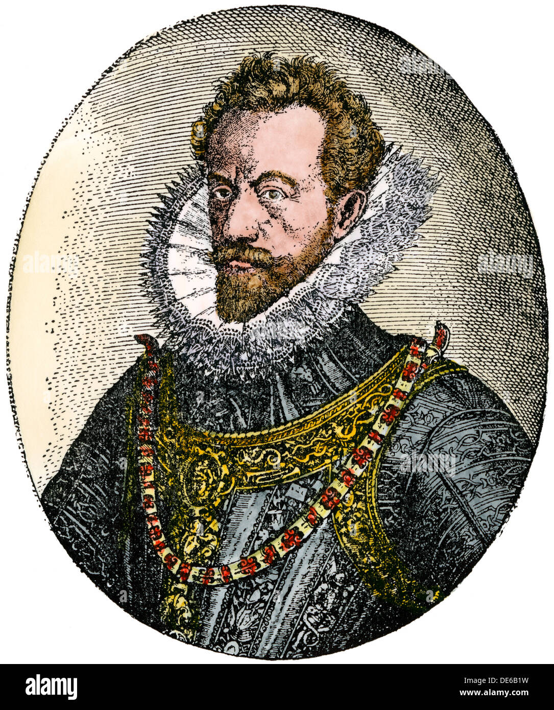 Alexander Farnese, Duque de Parma, español, gobernador general de los Países Bajos. Xilografía coloreada a mano Foto de stock