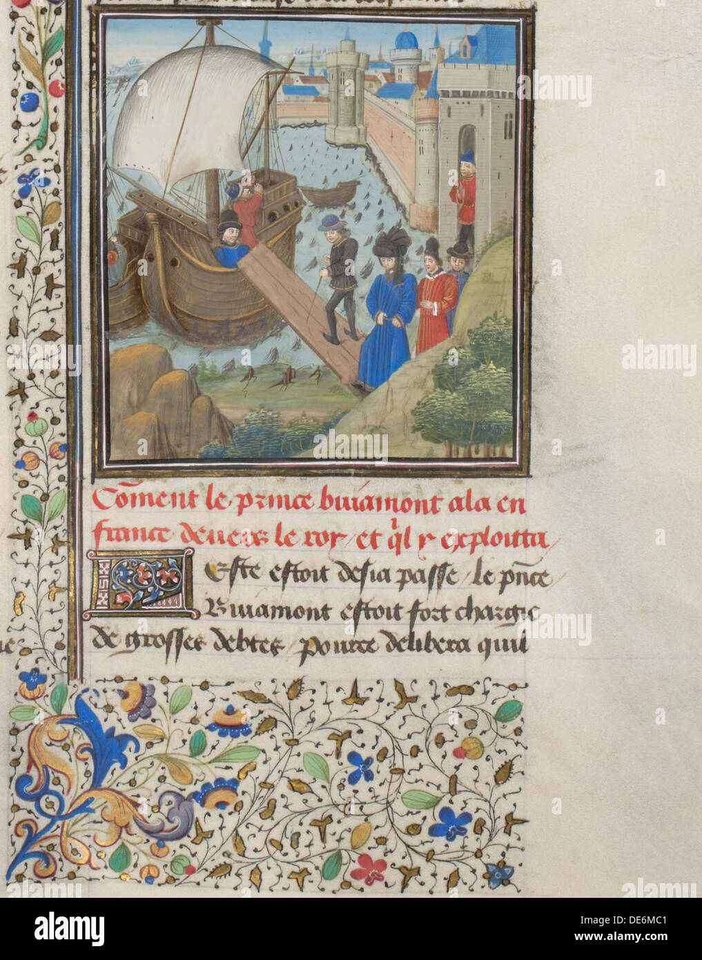Bohemond I de Antioquía viajó nuevamente a Apulia. Miniatura de la historia de Guillermo de Tiro, 2940s. Artista: Anónimo Foto de stock