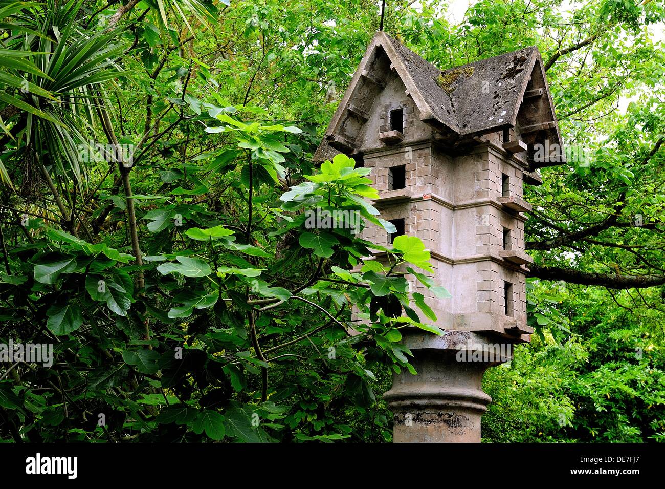 Bird Cage hermoso hecho de piedra sobre un pilar rodeado de vegetación Foto de stock
