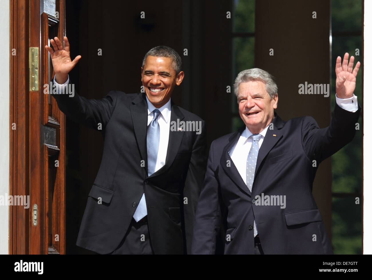 Berlín, Alemania, el presidente estadounidense Barack Obama y el Presidente Federal Joachim Gauck en Bellevue Palace Foto de stock