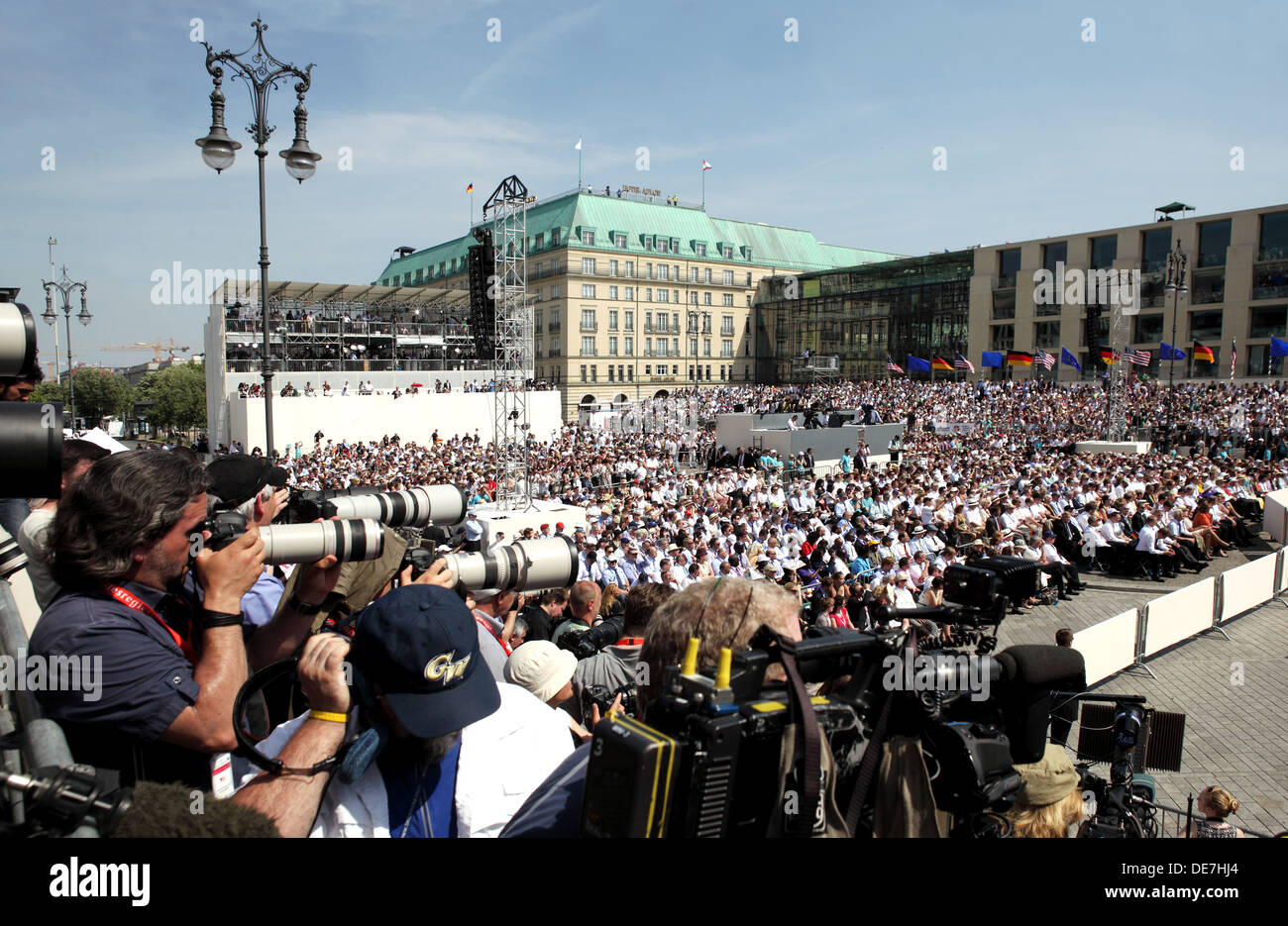 Berlín, Alemania, el presidente estadounidense Barack Obama en la Puerta de Brandenburgo Foto de stock