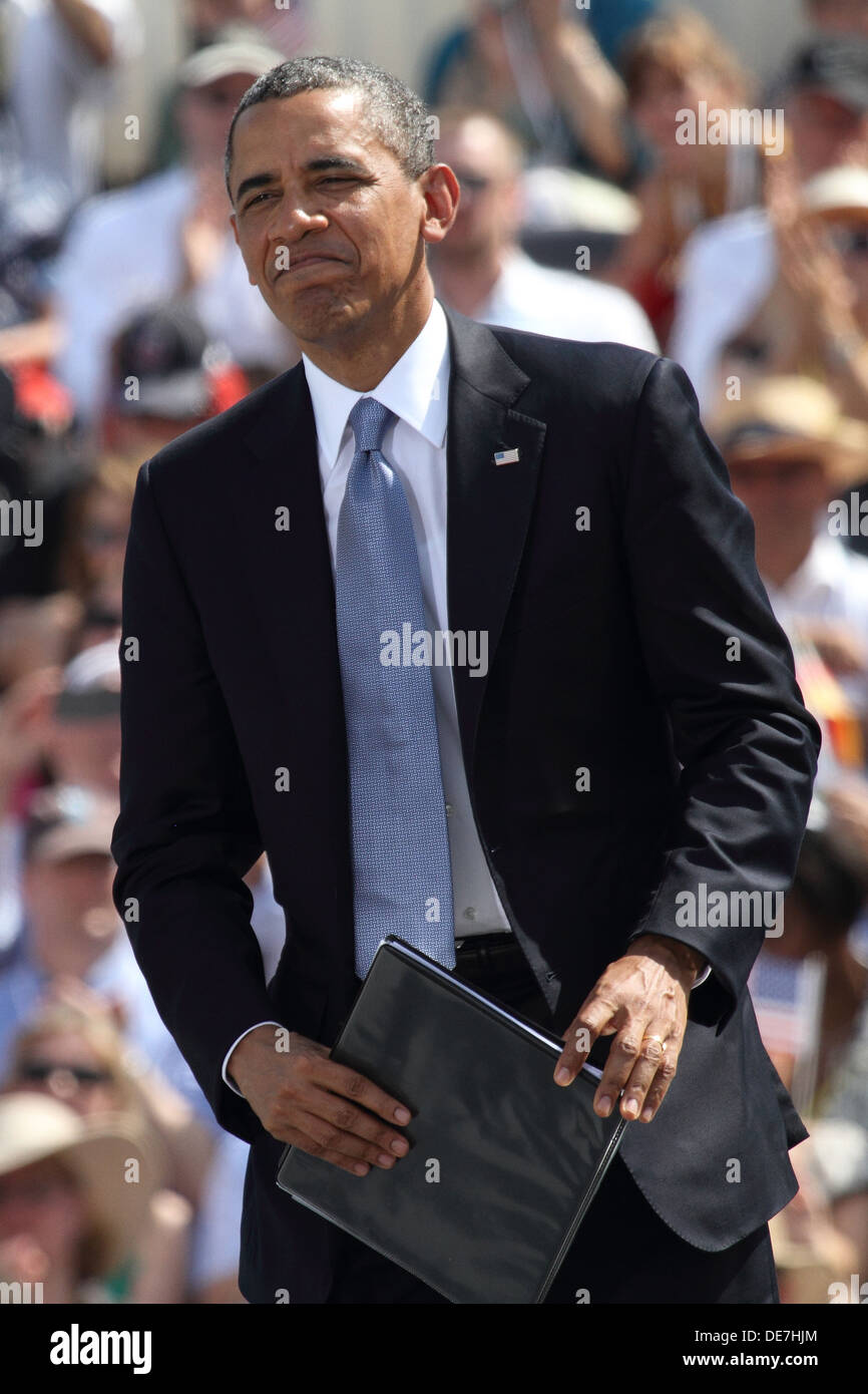 Berlín, Alemania, el presidente estadounidense Barack Obama en la Puerta de Brandenburgo Foto de stock