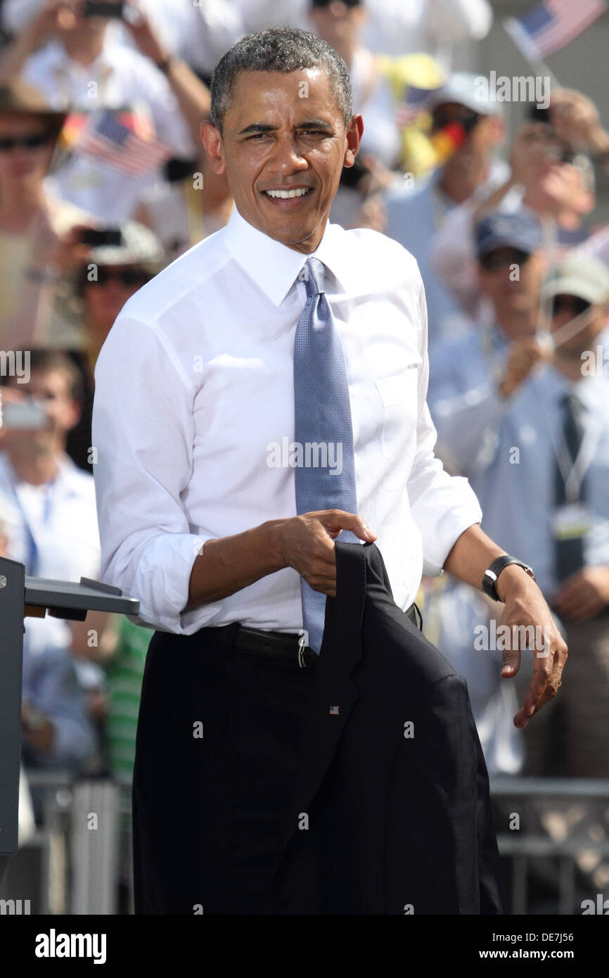 Berlín, Alemania, el presidente estadounidense Barack Obama en la Puerta de Brandenburgo Foto de stock