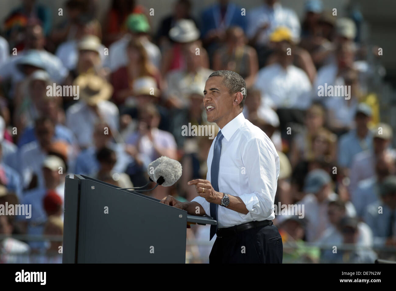 Berlín, Alemania, el presidente estadounidense Barack Obama en la Puerta de Brandenburgo Foto de stock