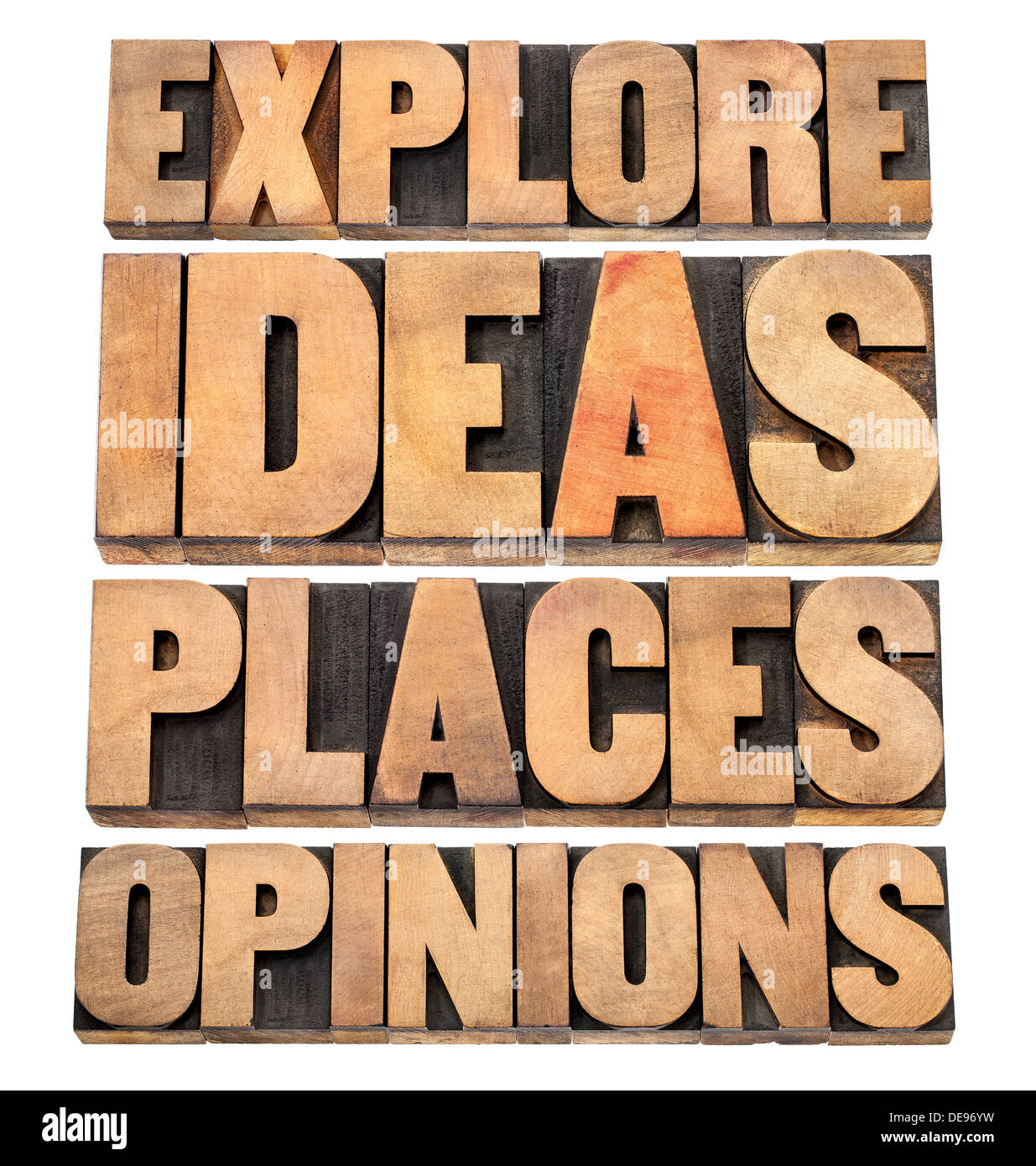 Explorar ideas, lugares, opiniones - asesoramiento motivacional - un collage de texto aislado en tipografía tipo bloques de madera Foto de stock