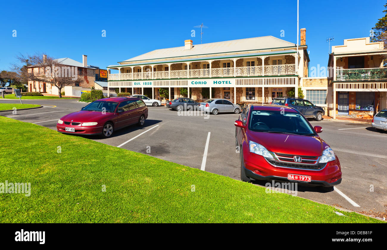 Australasian Corio Hotel antiguo patrimonio histórico río Murray Goolwa South Australia balcón Foto de stock