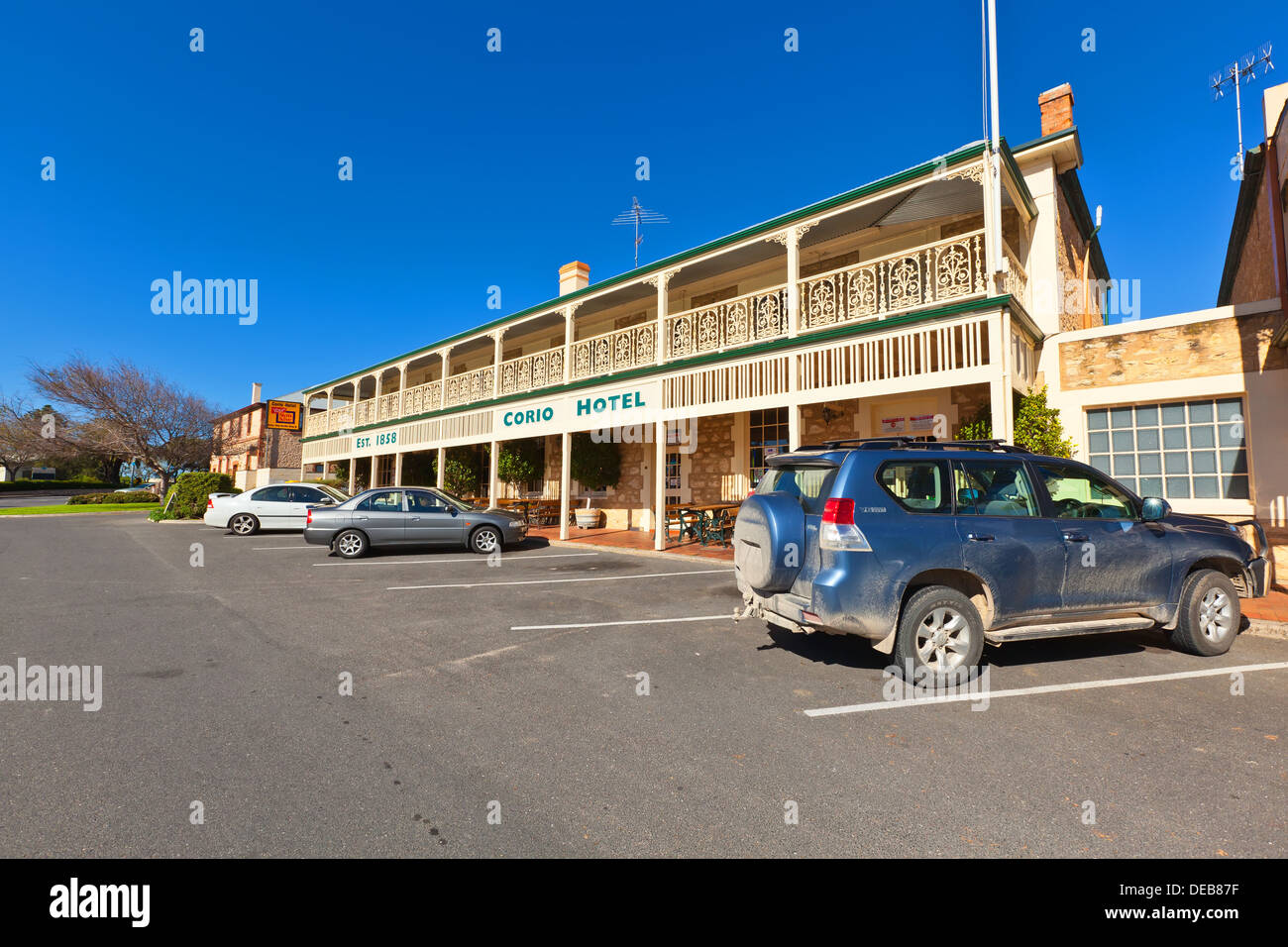 Australasian Corio Hotel antiguo patrimonio histórico río Murray Goolwa South Australia balcón Foto de stock