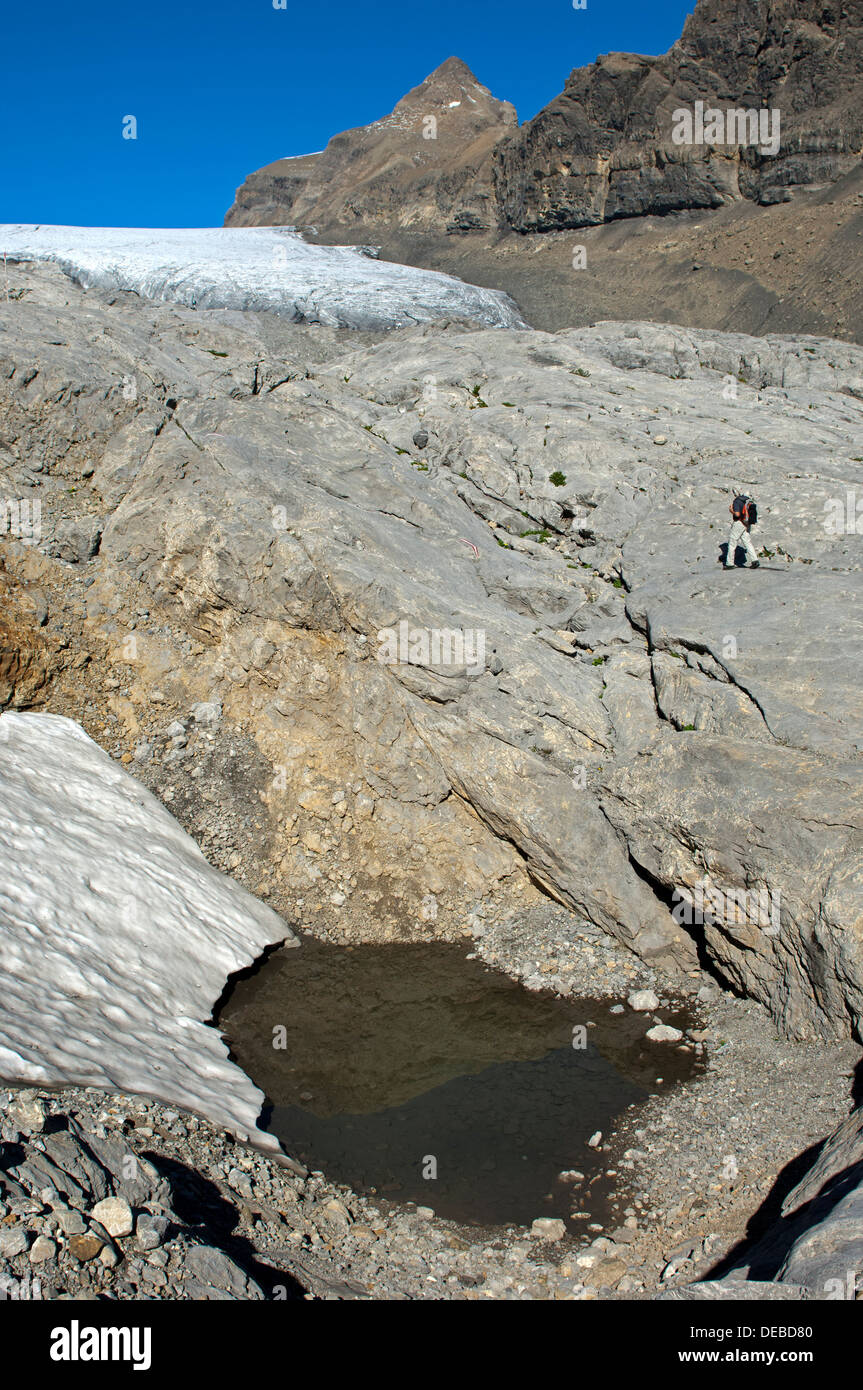 Cueva llena de agua en el paisaje cárstico del glaciar en Mt Oldenhorn Tsanfleuron, Alpes Berneses, Valais, Suiza Foto de stock