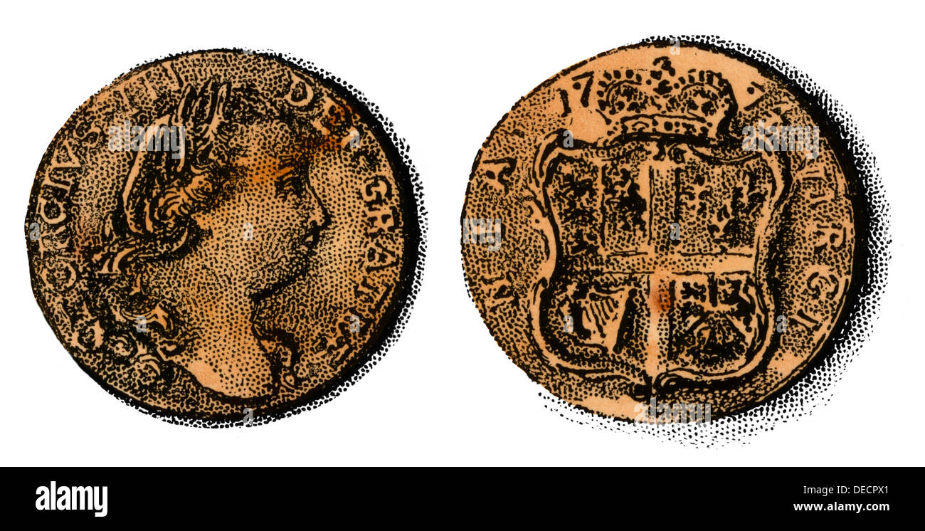 Virginia shilling de tiempos coloniales, 1700. Xilografía coloreada a mano Foto de stock