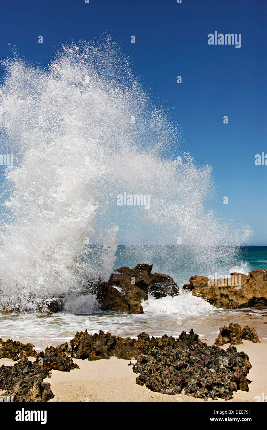 Olas rompiendo sobre las rocas, en el oeste de Australia Foto de stock