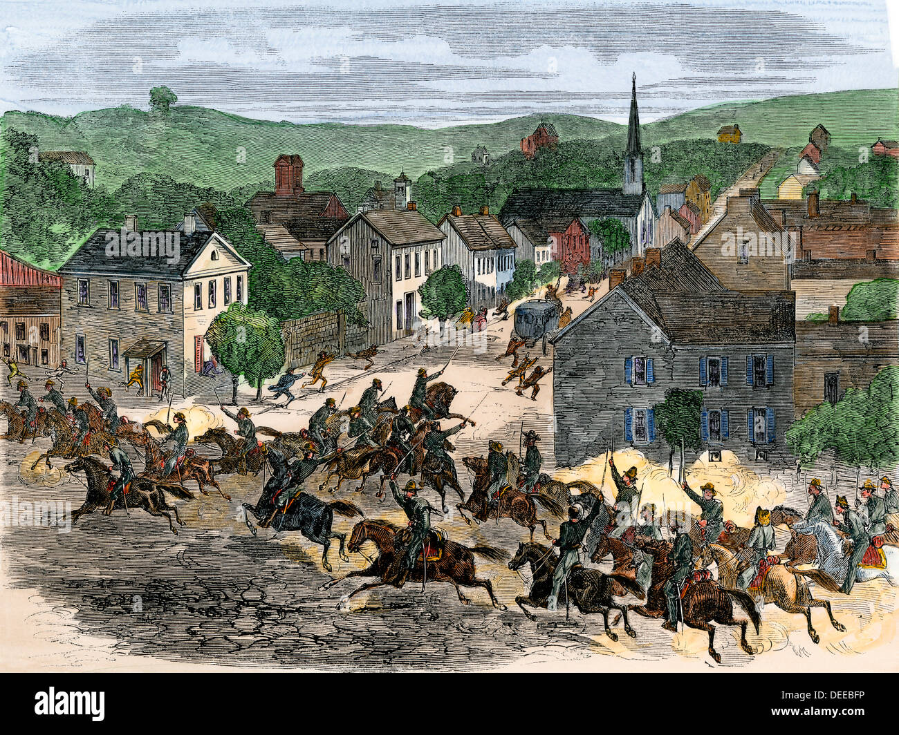 Morgan's raid caballería confederado en Washington, Ohio, 1863. Xilografía coloreada a mano Foto de stock