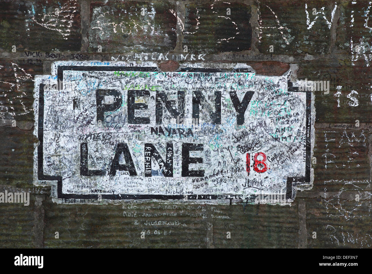 Pintado 'Penny Lane' cartel en Liverpool. Se hizo famoso por "Los escarabajos". Foto de stock