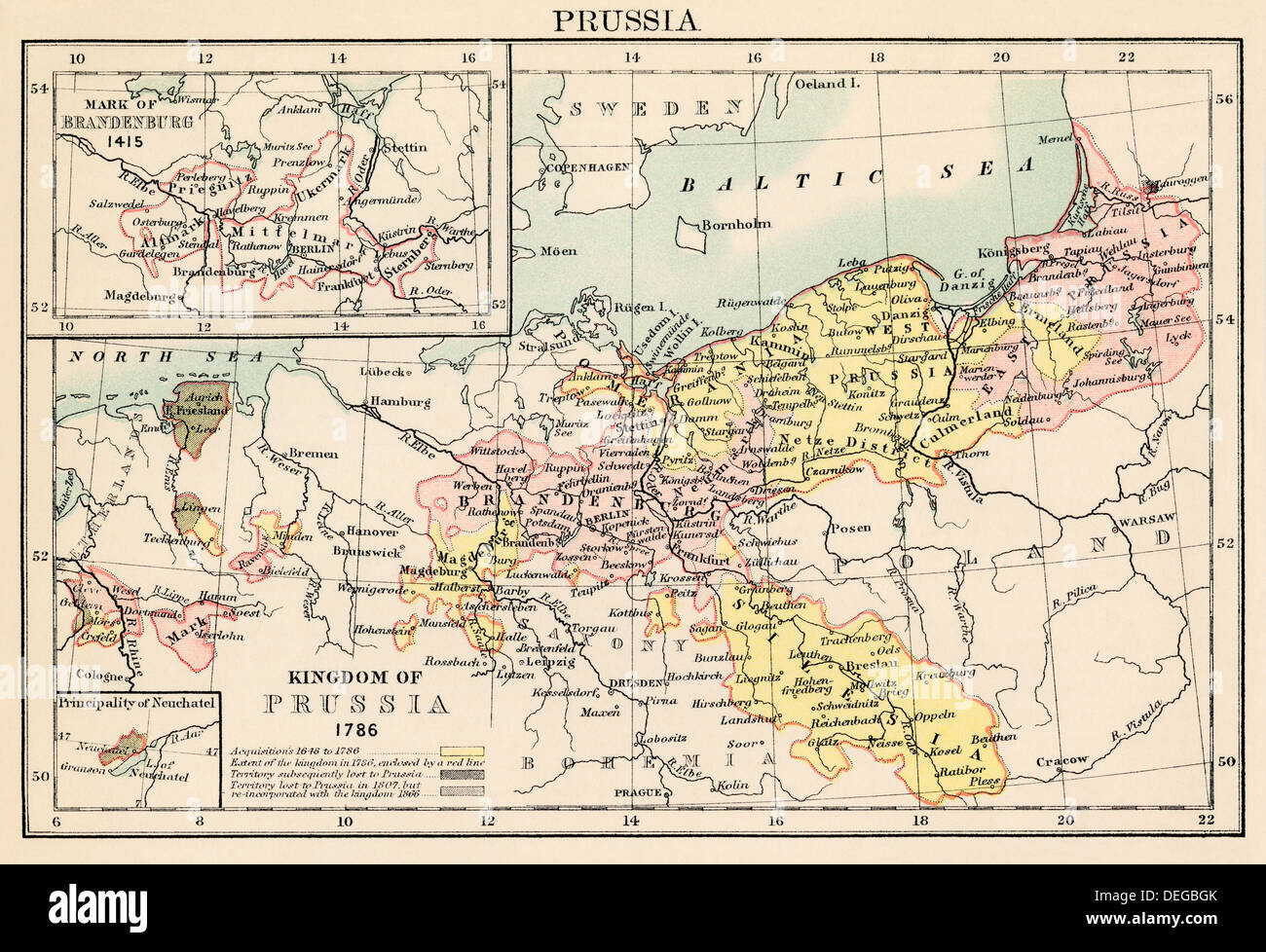 Mapa del reino de Prusia en 1786, y Brandenburgo en 1415. Litografía de color Foto de stock