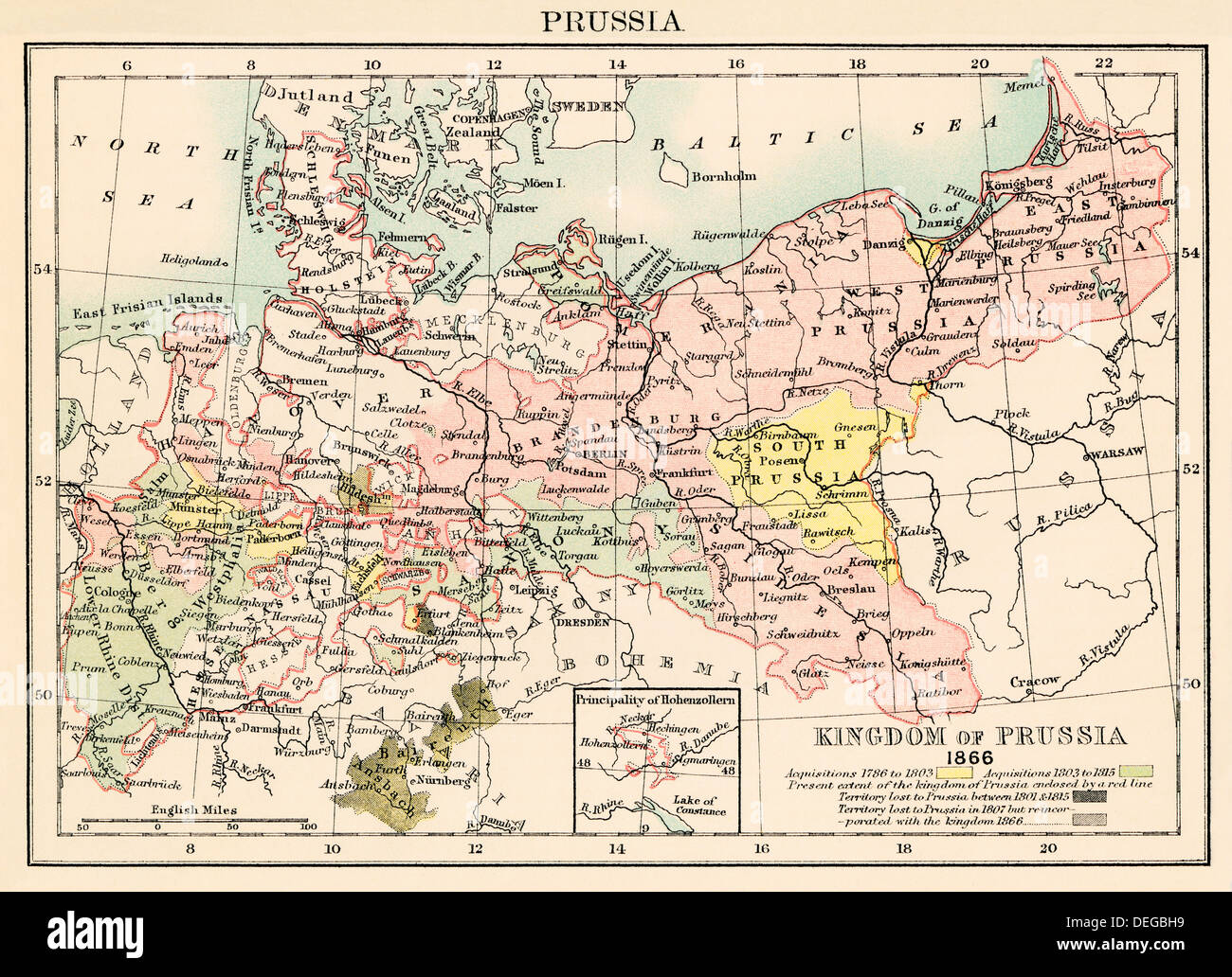 Mapa del reino de Prusia en 1866. Litografía de color Foto de stock