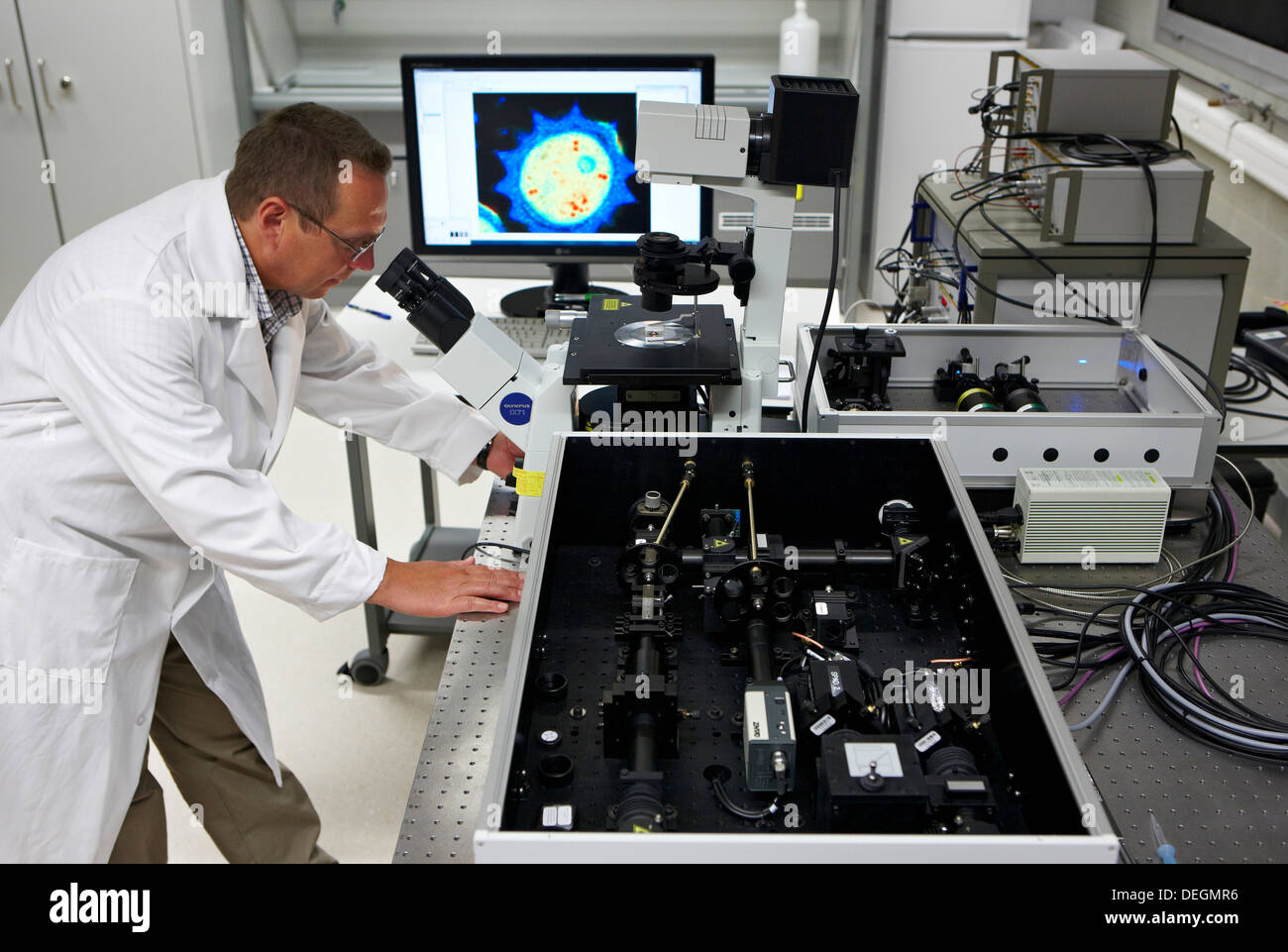 Laboratorio de Nanophotonics, microscopio de fluorescencia confocal con sensibilidad molecular, la Física de Materiales Centro mixto es un Foto de stock