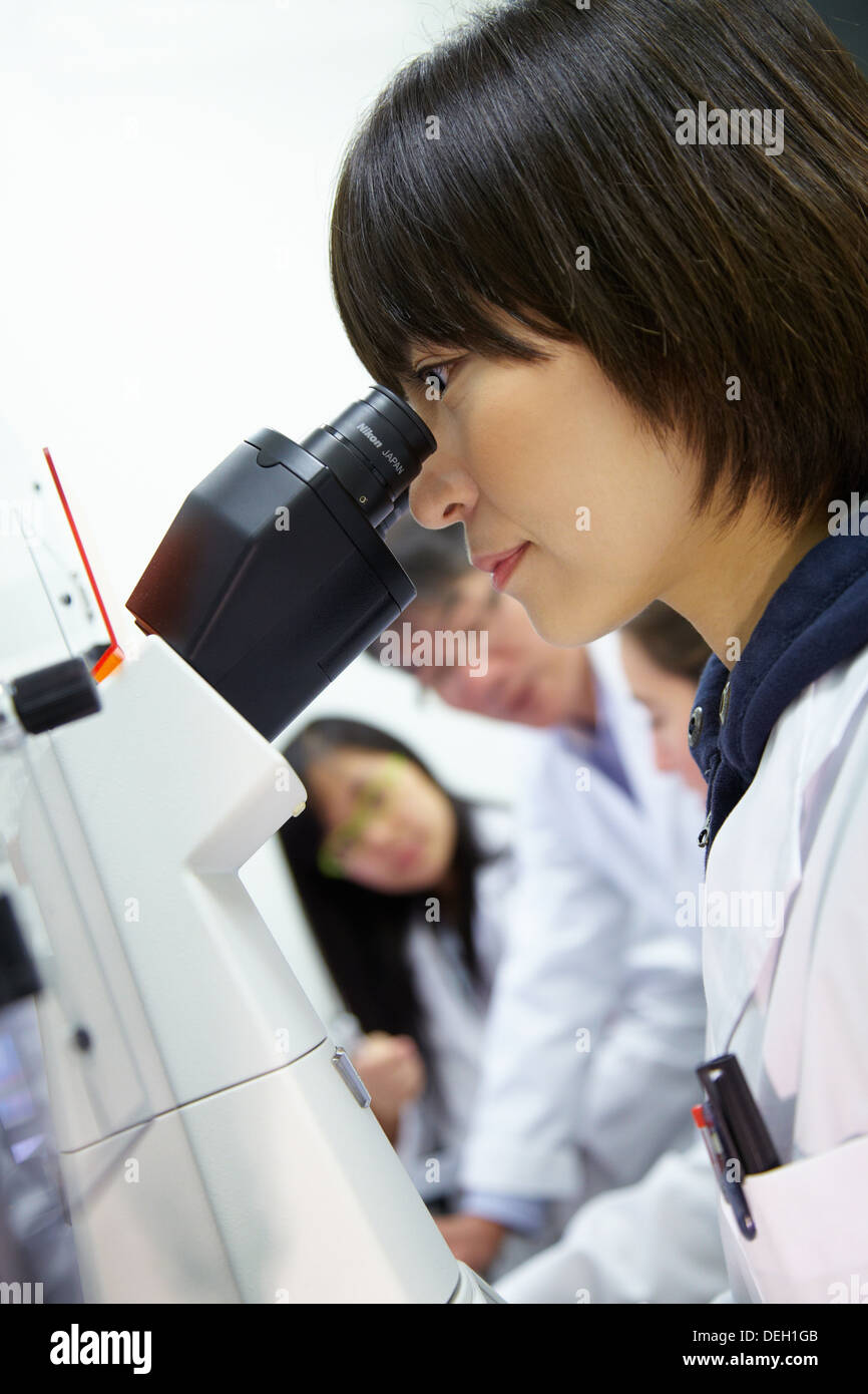 El estudiante. Microscopio óptico invertido. Con cámara de incubación para experimentos in vivo. Técnicas avanzadas como TIRF, Foto de stock