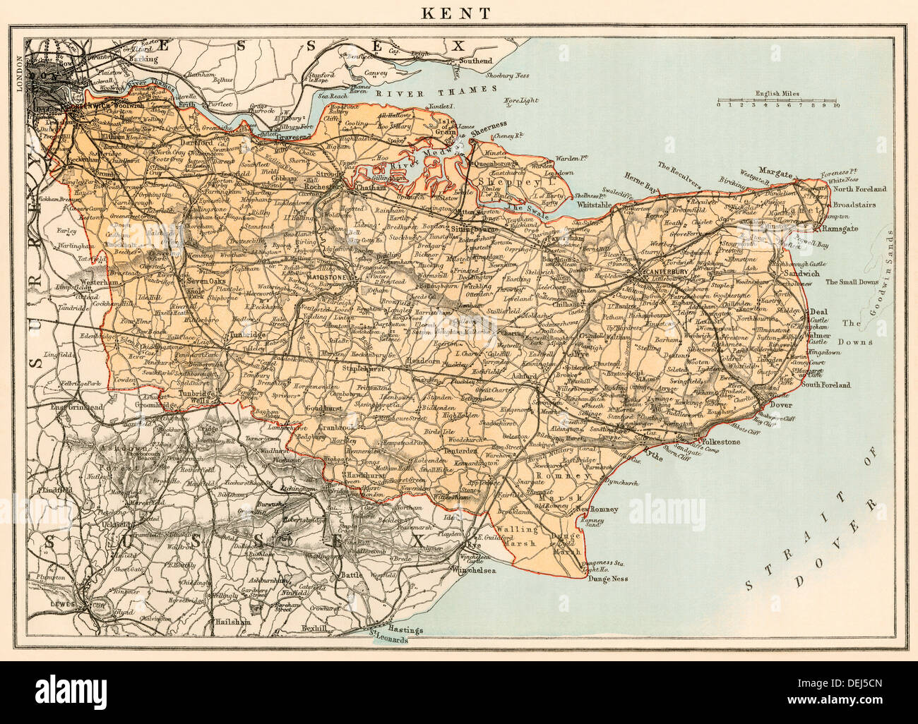 Mapa de Kent, Inglaterra, 1870. Litografía de color Foto de stock