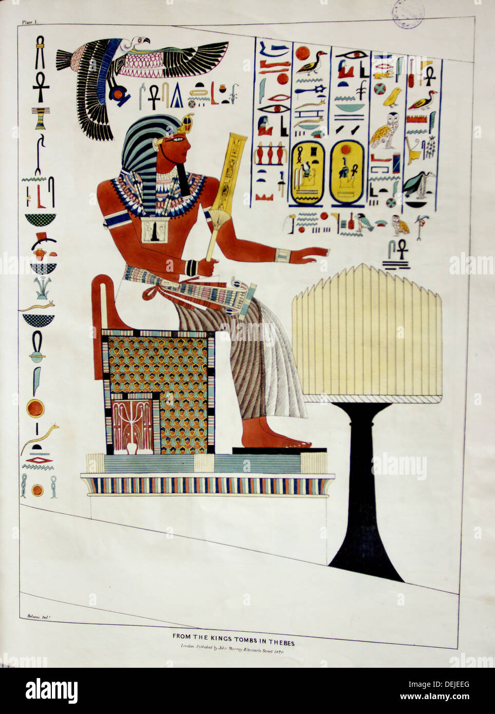 Placa ilustrativo de las investigaciones y operaciones de Giovanni Belzoni en Egipto y Nubia (Londres, 1820); el IFAO, Cairo, Egipto Foto de stock