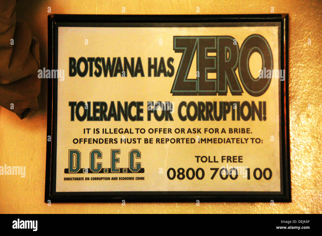 'Tolerancia cero' para la corrupción, póster, Botswana es uno de los pocos países africanos con ninguna corrupción Foto de stock