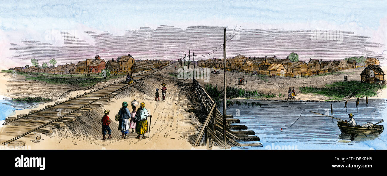 Río Trent asentamiento de esclavos liberados, Carolina del Norte, 1866. Xilografía coloreada a mano Foto de stock