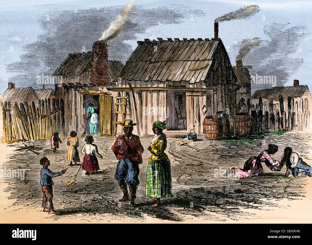 Las cabañas de los esclavos liberados en el asentamiento del río Trent, Carolina del Norte, 1866. Xilografía coloreada a mano Foto de stock