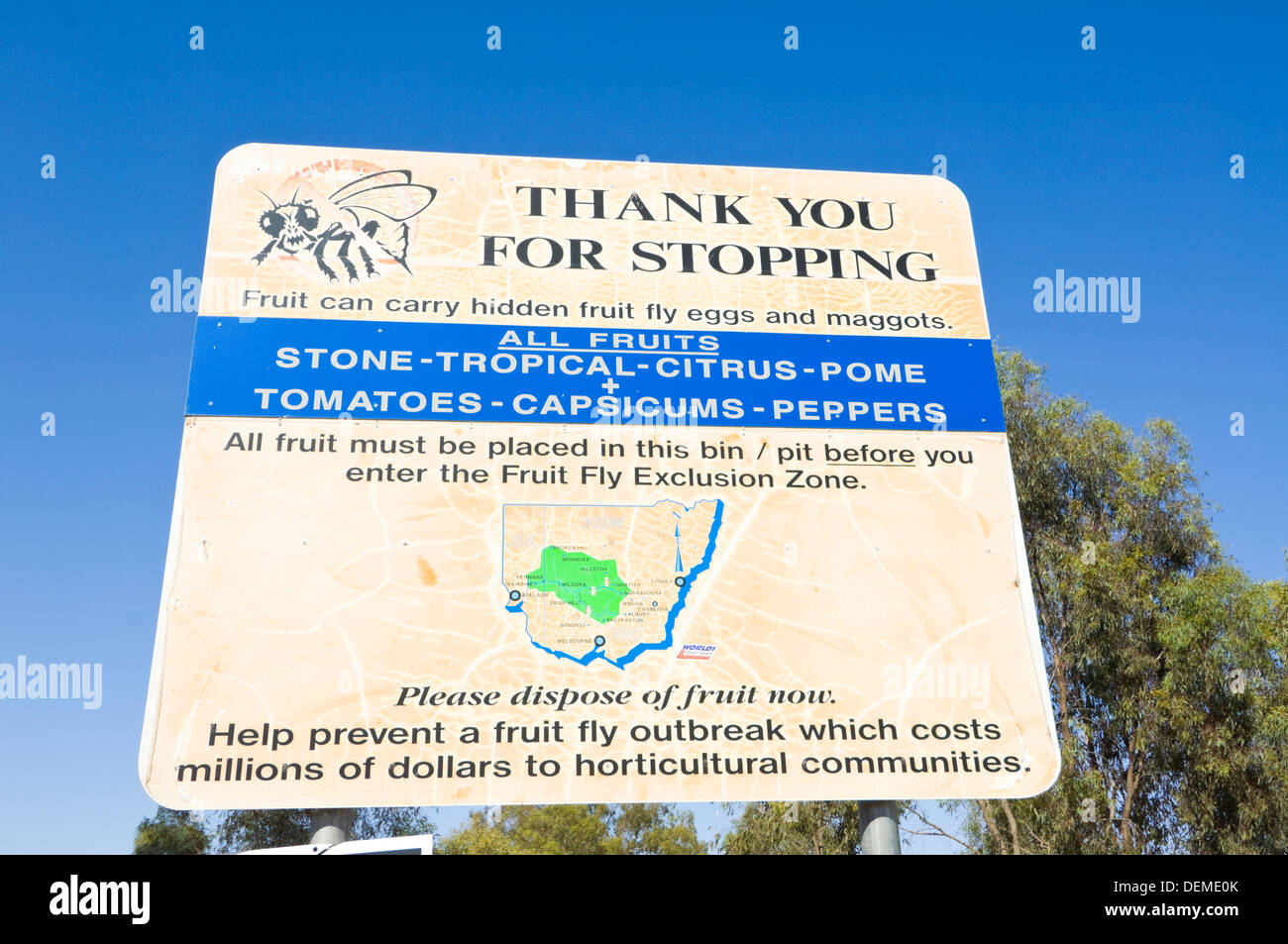Signo de zona de exclusión de la mosca de la fruta, Nueva Gales del Sur, Australia Foto de stock