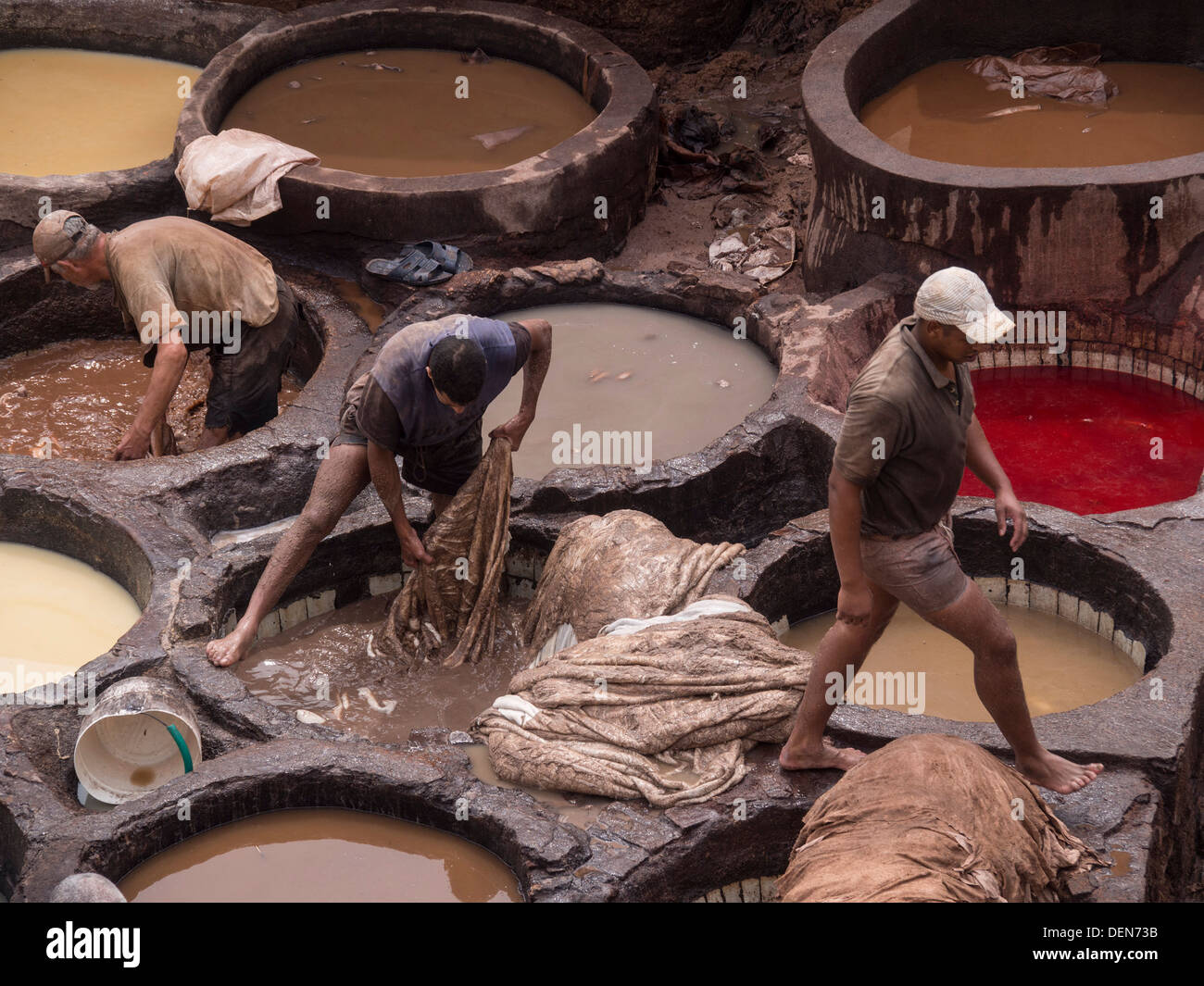 Los hombres que trabajan en la curtiduría Chouwara en Fez, Marruecos Foto de stock