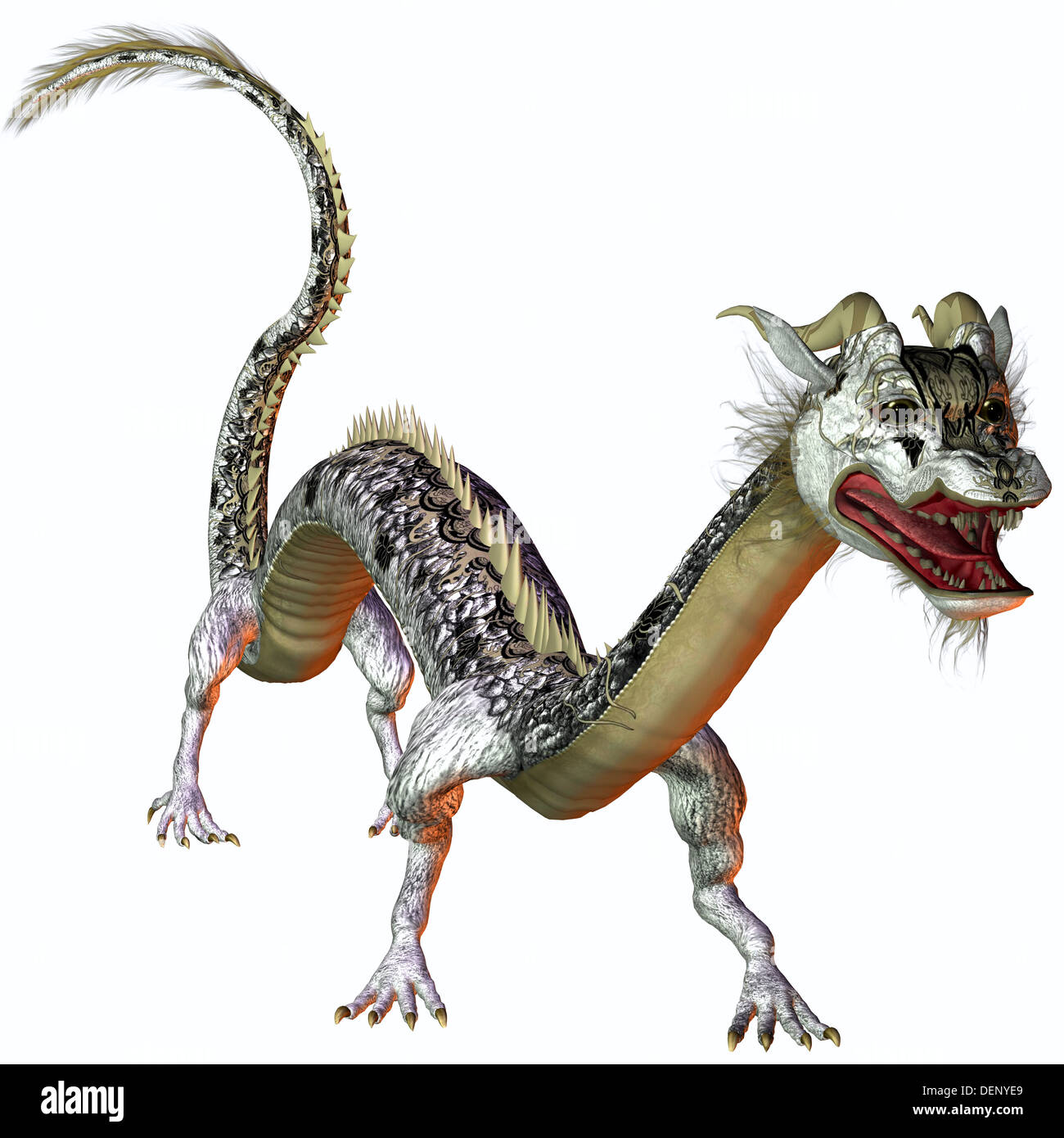 Una criatura de la mitología y fantasía el dragón es un feroz monstruo con cuernos y dientes grandes. Foto de stock