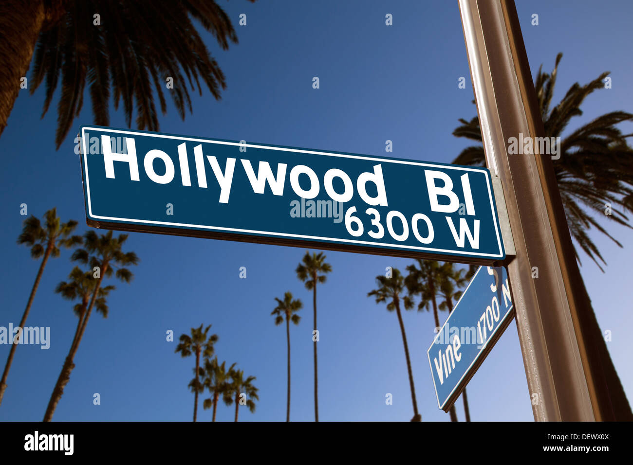 Hollywood Boulevard con signo de vid la ilustración de fondo de palmeras Foto de stock