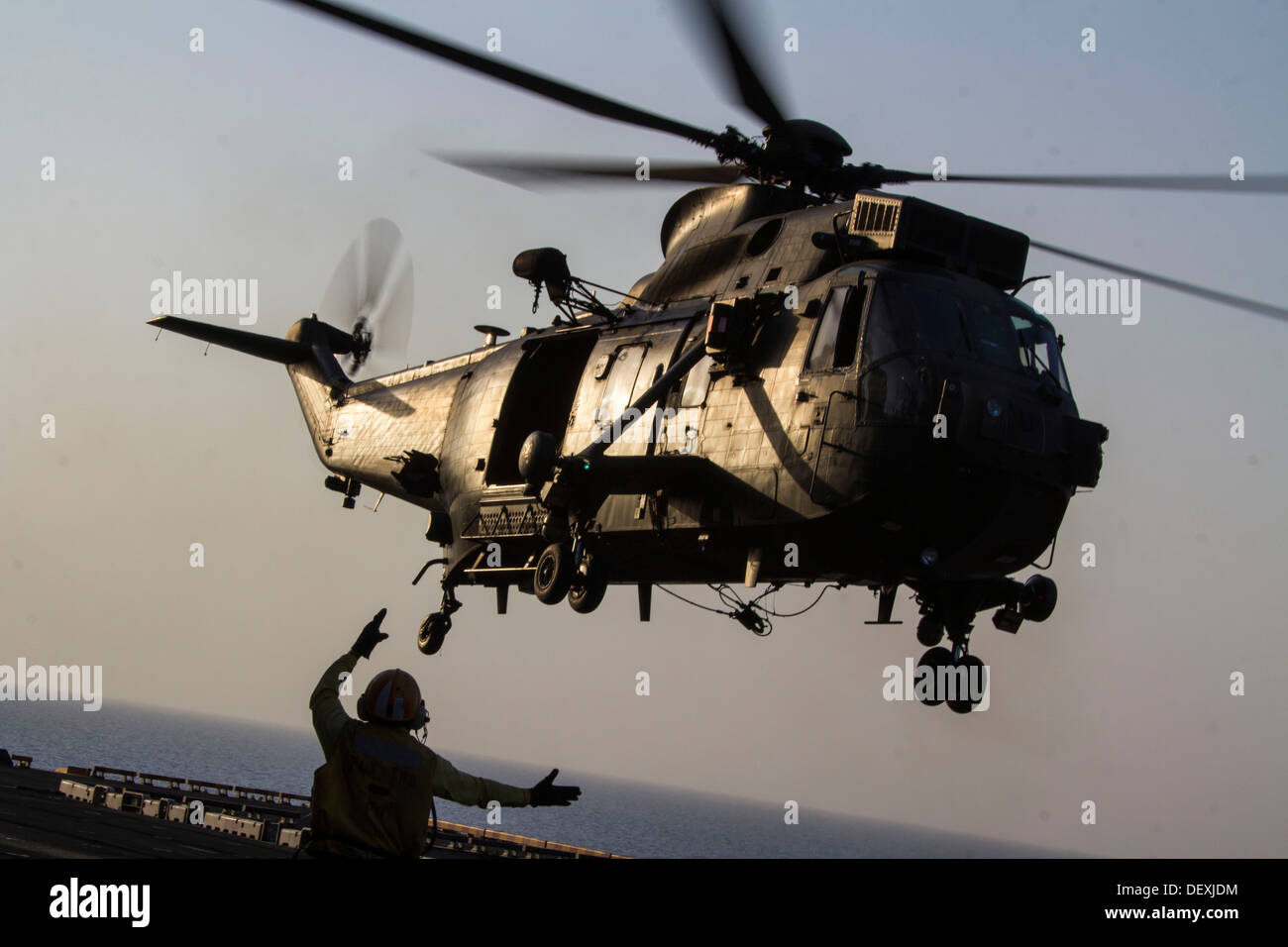 Un helicóptero Westland Sea King transporte asignado al Ejército del Reino Unido Air Corps aterriza en la cubierta de vuelo del USS Kearsarge (LHD 3), en el mar, el 16 de septiembre de 2013. La 26ª MEU es un Marine Air-Ground Task Force desplegadas a los EE.UU. 5ª y 6ª Fle Foto de stock